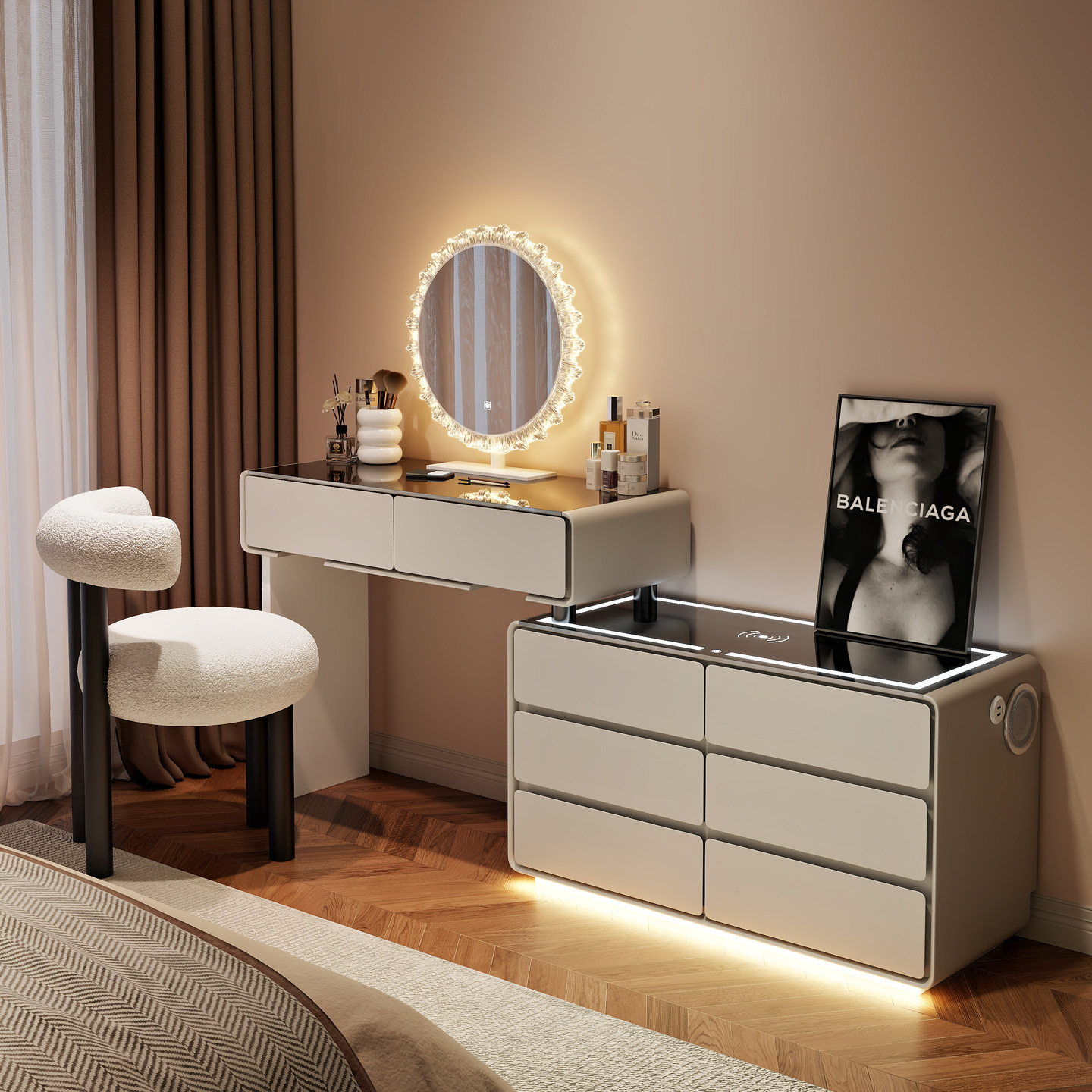 2026新款智能带灯实木梳妆台主卧室现代简约奶油风斗柜一体化妆桌