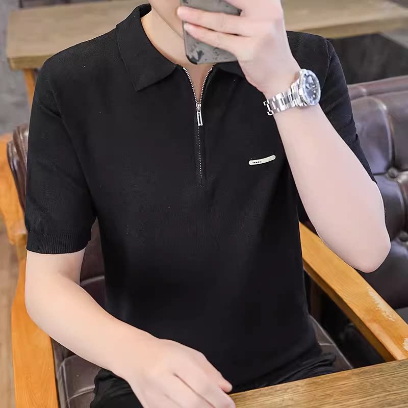 SUMMER THIN T-SHIRT MENS HALF-SLEEVED LAPEL ZIPPER  FASHION TREND POLO SHIRT MENS COOL TOP