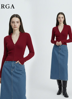 GARGA红色V领拉链针织开衫女修身显瘦内搭长袖打底衫老钱风毛衣春