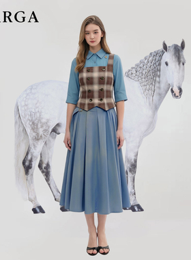 周也同款格纹马甲背心蓝色衬衫套装女春装复古学院风半身裙三件套