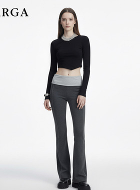 GARGA美式灰色修身弹力微喇裤女拼接设计感显瘦垂感喇叭裤休闲裤