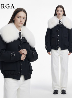 GARGA黑色短款大毛领派克服女冬季加厚冲锋衣牛角扣飞行夹克外套