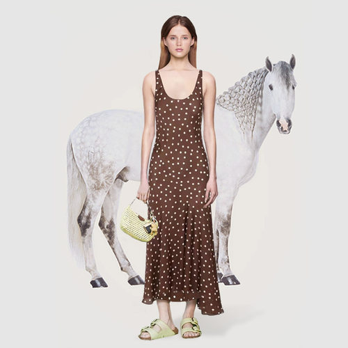 棕色波点U型领无袖性感吊带裙女