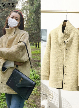 刘雯明星同款黄色颗粒绒羊羔毛外套女中长款宽松立领毛呢羊毛大衣