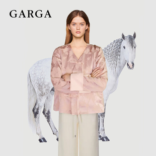 GARGA新中式 上衣 衬衫 国风粉红色提花v领外套女高级感宽松盘扣短款