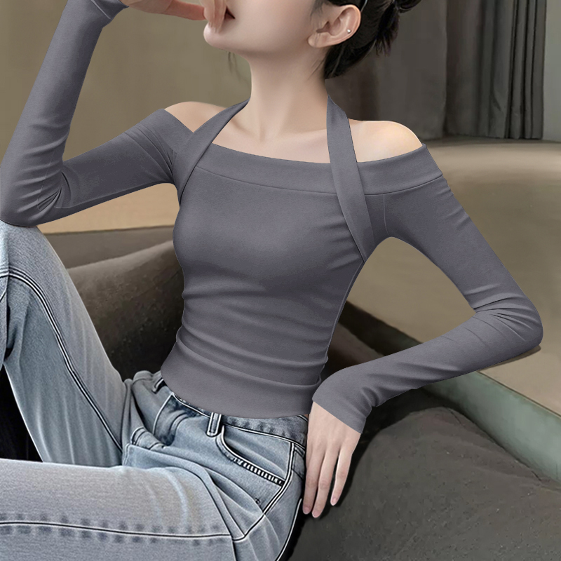 挂脖一字领斜下摆长袖T恤