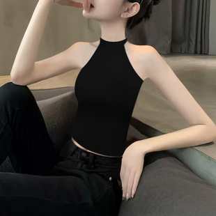 工字露肩紧身无袖 黑色挂脖背心法式 外穿吊带女上衣潮 夏季 2024新款