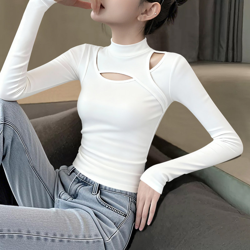 白色半高领镂空长袖针织衫女2025秋冬季新款气质正肩内搭修身上衣,女装/女士精品,T恤,淘宝优惠券,粉丝福利购,淘宝优惠卷