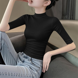 显瘦五分袖 2025新款 修身 黑色中袖 紧身内搭上衣 t恤女半高领打底衫