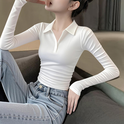 polo短款松紧起皱修身长袖