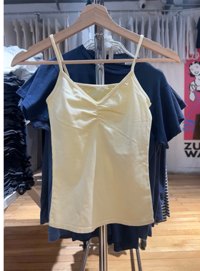 Brandy bm新款纯棉美式复古bm黄色褶皱吊带背心女