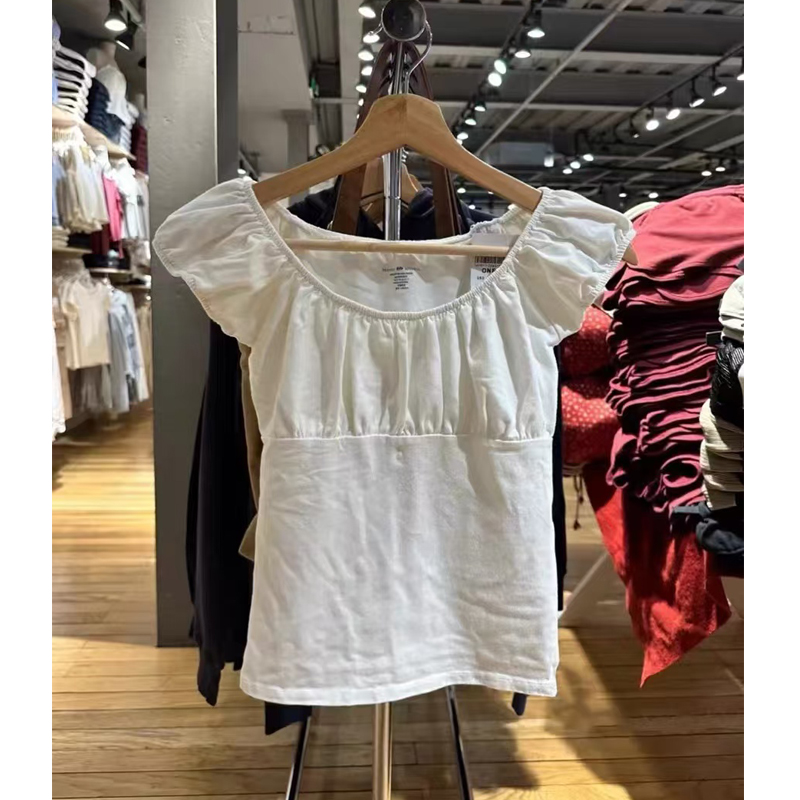 Brandy Girl美式纯棉大方领白色短袖T恤女夏季bm辣妹一字肩上衣潮