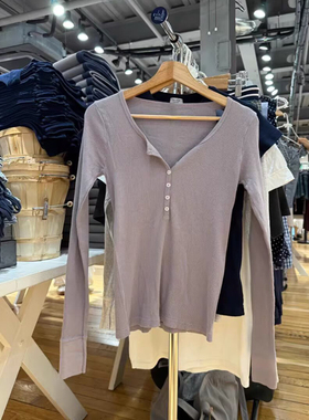 Brandy Girl紫色美式复古bm纯棉圆领纽扣长袖T恤百搭显瘦上衣女