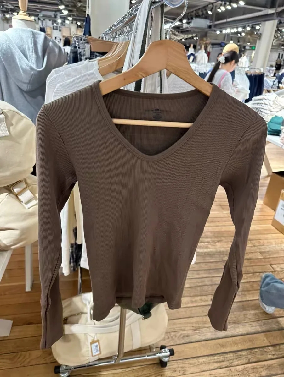 Brandy Girl新款V领螺纹长袖T恤 bm基础款显身材高腰贴身内搭上衣