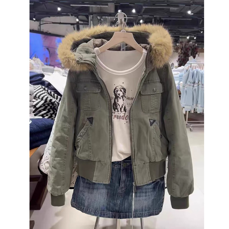 Brandy bm美式复古毛领连帽派克服女短款军绿色工装拉链棉服外套,女装/女士精品,卫衣/绒衫,淘宝优惠券,粉丝福利购,淘宝优惠卷