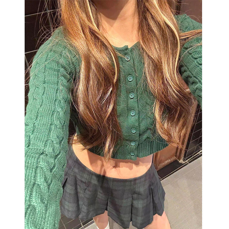Brandy bm美式辣妹风绿色麻花针织开衫女短款修身毛衣纽扣上衣,女装/女士精品,毛针织衫,淘宝优惠券,粉丝福利购,淘宝优惠卷