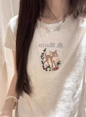 Brandy Girl bm重工小鹿花朵刺绣圆领正肩纯棉T恤百搭短袖上衣女