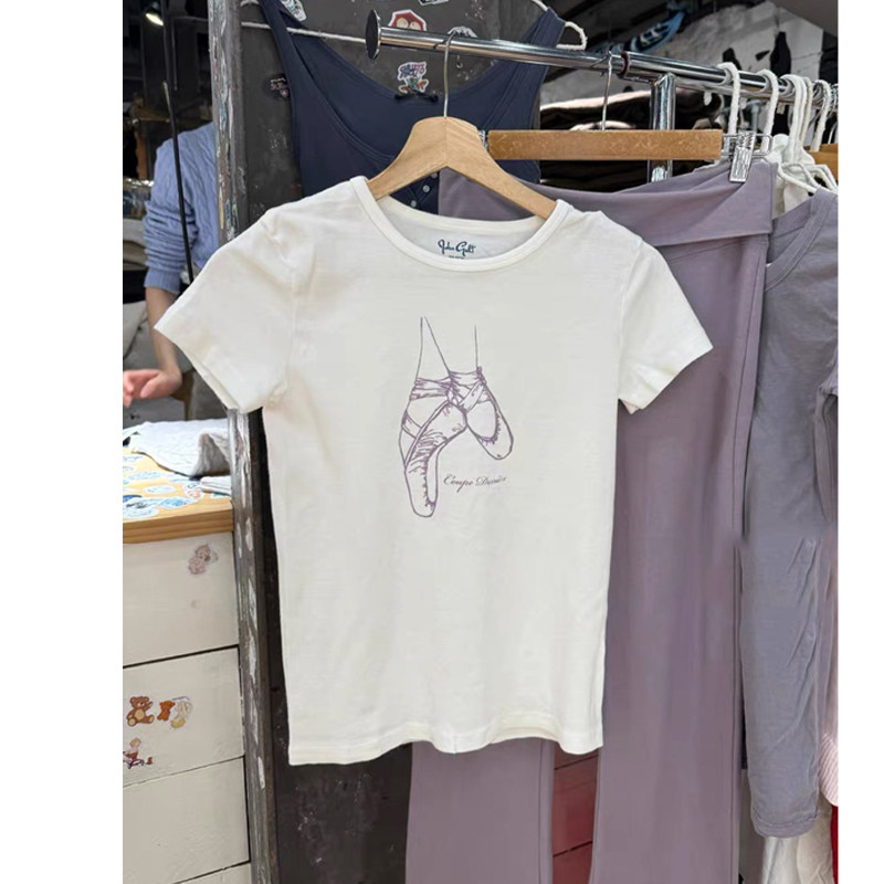 Brandy bm新款芭蕾舞鞋印花短袖T恤女白色圆领修身显瘦休闲上衣,女装/女士精品,T恤,淘宝优惠券,粉丝福利购,淘宝优惠卷