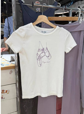 Brandy bm新款芭蕾舞鞋印花短袖T恤女白色圆领修身显瘦休闲上衣