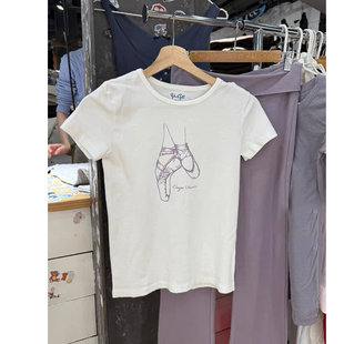 Brandy bm新款芭蕾舞鞋印花短袖T恤女白色圆领修身显瘦休闲上衣