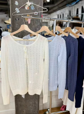 Brandy bm纯棉镂空圆领针织开衫百搭显瘦上衣女