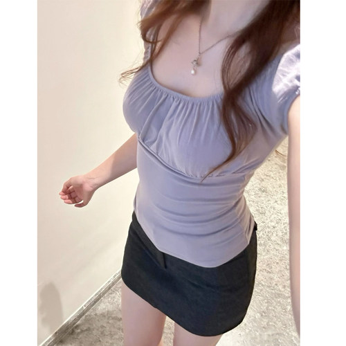 bm大圆领褶皱泡泡袖短袖T恤