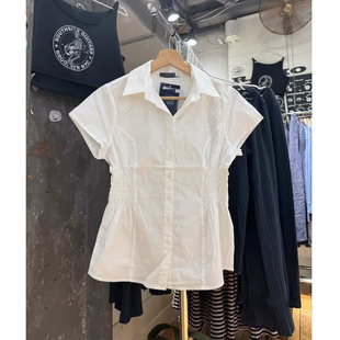 上衣女 Brandy Girl新款 bm纯棉POLO领收腰白色衬衣短袖 衬衫