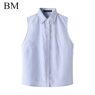 Brandy Girl美式蓝白条纹T恤POLO领衬衫bm翻领修身无袖背心内搭女