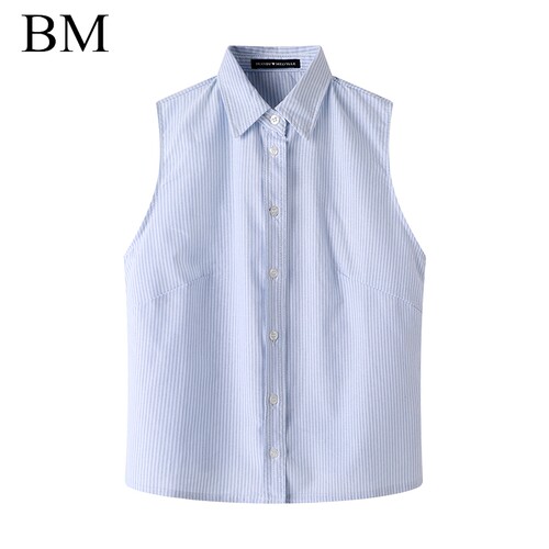 Brandy Girl美式蓝白条纹T恤POLO领衬衫bm翻领修身无袖背心内搭女