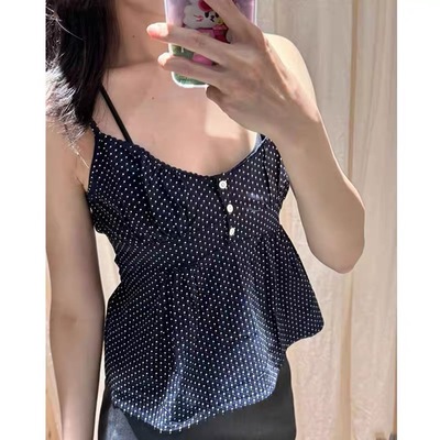 bm吊带波点纽扣花边V领女背心