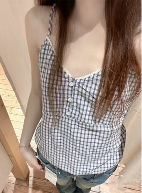 Brandy bm修身收腰显瘦纯棉格子三粒扣吊带上衣女系带背心