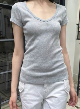 Brandy Girl新款bm纯棉灰色V领基础款修身短袖T恤女上衣