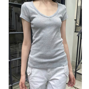 短袖 Brandy 修身 bm纯棉灰色V领基础款 T恤女上衣 Girl新款