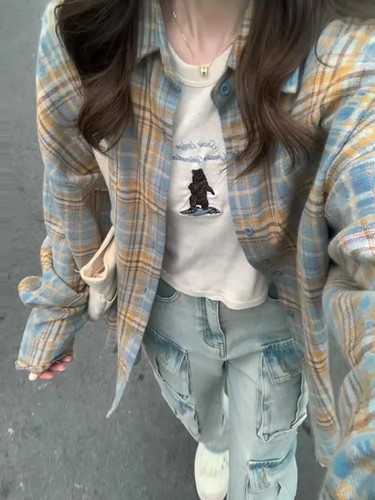 Brandy Girl美式复古bm格子衬衫上衣女复古防晒衬衣外套上衣