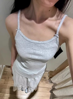 Brandy Girl灰色蝴蝶结bm吊带背心女外穿夏季无袖短款热辣上衣