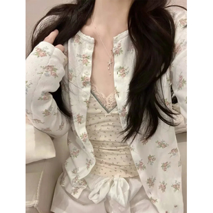 Brandy Girl美式新款甜美碎花长袖圆领BM衬衫女外搭纽扣开衫