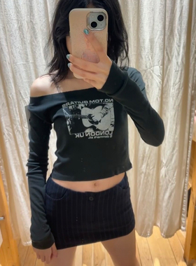 Brandy bm美式一字肩长袖T恤女修身显瘦露锁骨纯棉上衣