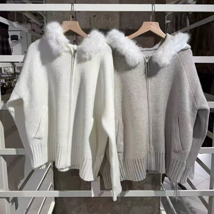 女拉链保暖外套毛绒毛衣 慵懒风大毛领连帽针织开衫 Brandy bm新款