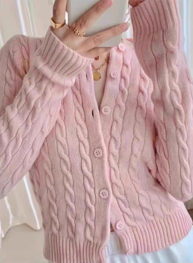 Brandy Girl美式复古bm针织少女粉色麻花开衫甜美单排扣毛衣外套
