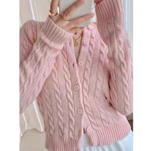 甜美单排扣毛衣外套 复古bm针织少女粉色麻花开衫 Brandy Girl美式