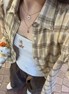 Brandy Girl明星同款美式复古古着蓝色格子衬衫 bm宽松外套上衣女