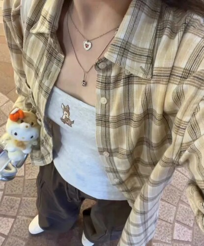 Brandy Girl明星同款美式复古古着蓝色格子衬衫 bm宽松外套上衣女