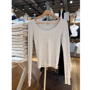 修身 Brandy T恤女秋季 bm纯棉圆领螺纹纽扣长袖 显瘦上衣 Girl美式