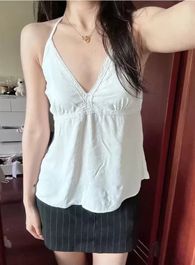 Brandy bm纯欲风花边V领挂脖吊带背心女夏后背绑带收腰显瘦上衣