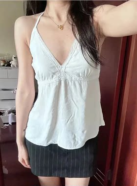 Brandy bm纯欲风花边V领挂脖吊带背心女夏后背绑带收腰显瘦上衣