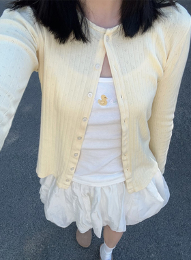 Brandy bm纯棉新款黄色圆领镂空针织开衫毛衣外套上衣女