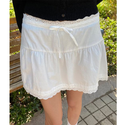 bm甜美蕾丝高腰抽绳A字短裙