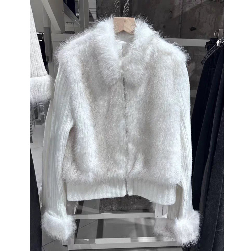 Brandy bm白色毛毛拼接针织外套女翻领修身轻奢毛绒外套,女装/女士精品,短外套,淘宝优惠券,粉丝福利购,淘宝优惠卷