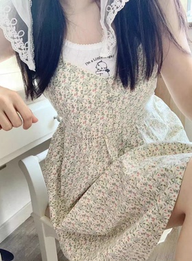 Brandy Girl bm新款田园风森女绿色碎花吊带裙百搭蕾丝花边连衣裙