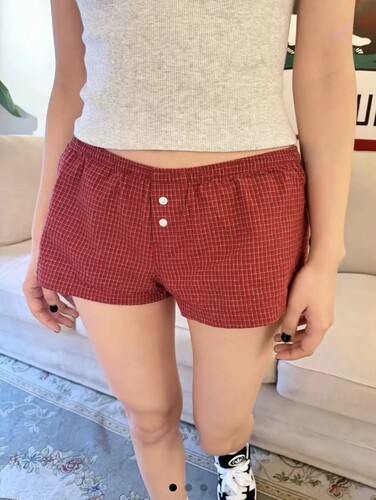 Brandy Girl夏季新款高腰美式红色格子短裤女 bm热裤松紧腰家居裤